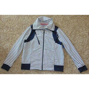 Womens Blazer Jacket Large Laura Scott Blue & White Striped Zip Up Long Sleeve